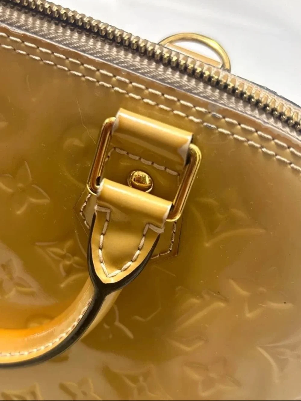 Louis Vuitton Vernis Alma PM Satchel in Camel Patent Leather with Gold Hardware